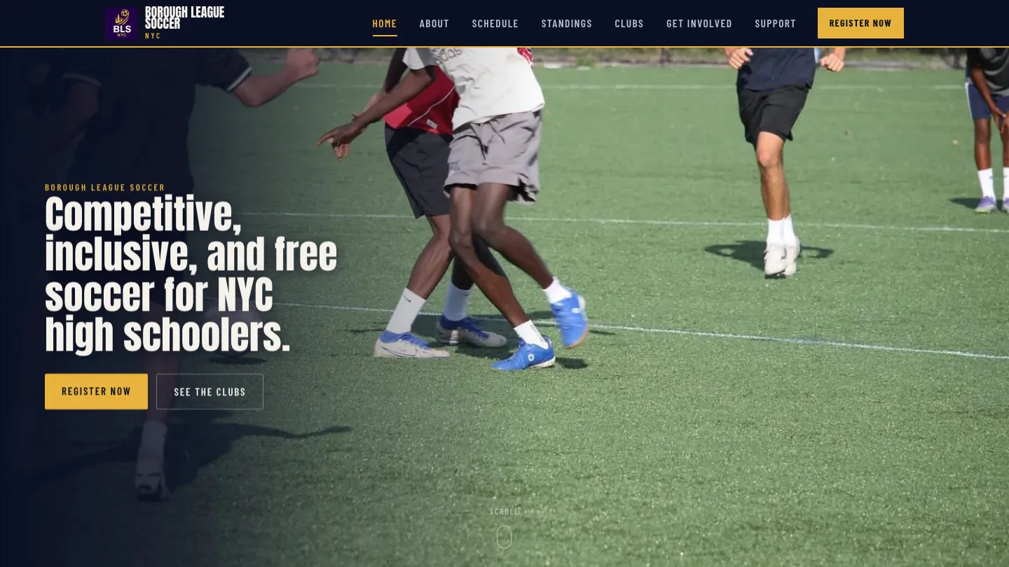 The Borough League Soccer homepage: a photograph of high school players mid-match under the headline Competitive, inclusive, and free soccer for NYC high schoolers